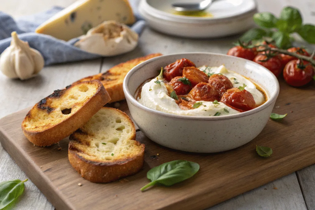 homemade roasted tomato burrata dip with garlic bread crostinis.