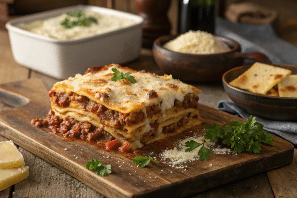 classic beef lasagna, freshly baked and placed on a rustic wooden table.